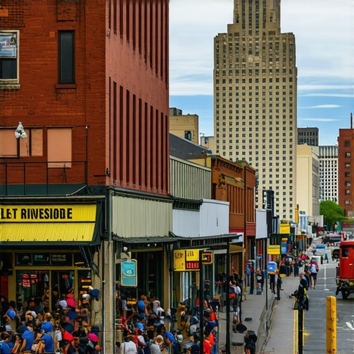 Bustling Riverside street with historic architecture and community activities